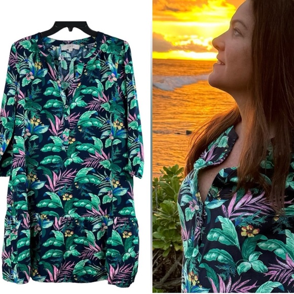🆕 LOFT ✨ Palm Leaf Tropical print drop waist dress 3/4 sleeve skinny tie belt - Picture 1 of 7